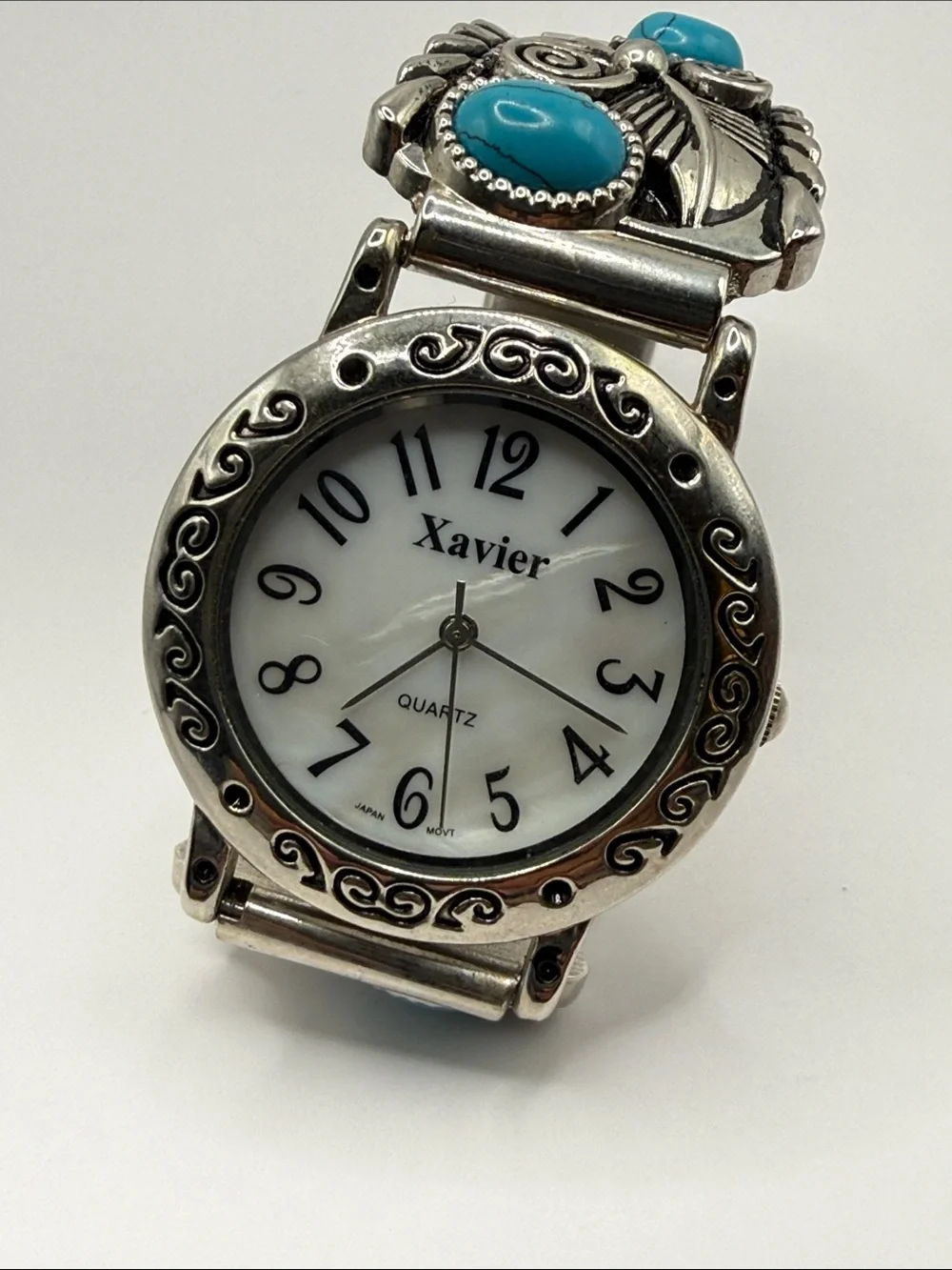 Vintage Southwestern Xavier Silver Tone Turquoise Blue Statement Watch Stretch